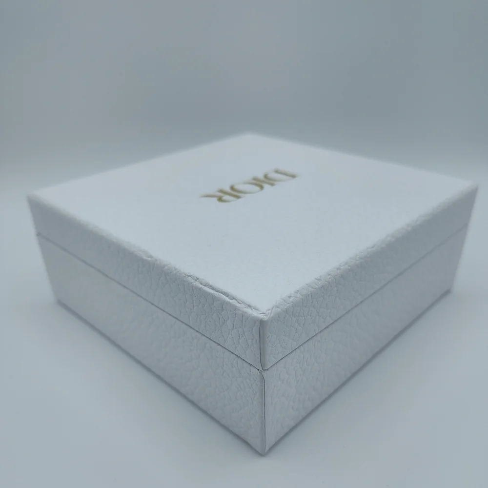 Dior Textured White Gift Box & Card Gold Logo 5x5 Hard Box Case Packaging NWOT